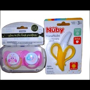 Nuby Nana Nubs Banana Massaging Toothbrush/Le BeBe 2pk Glow Pacifiers w/case